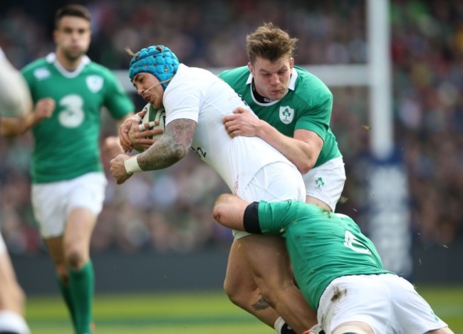 Jack Nowell caught by Rory Best and Jordi Murphy