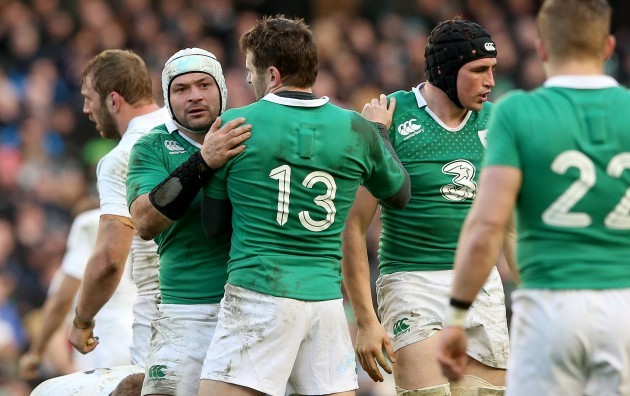 Rory Best celebrates with Jared Payne after he side won a penalty