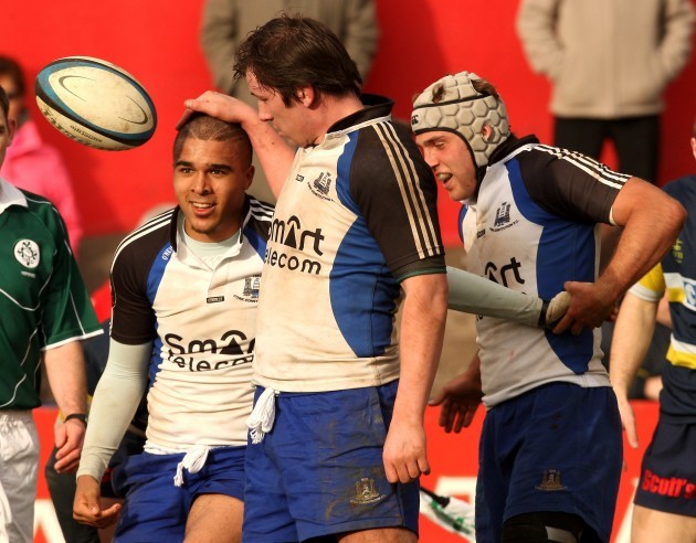 Simon Zebo is congratulated by Ed Leamy and Duncan Williams