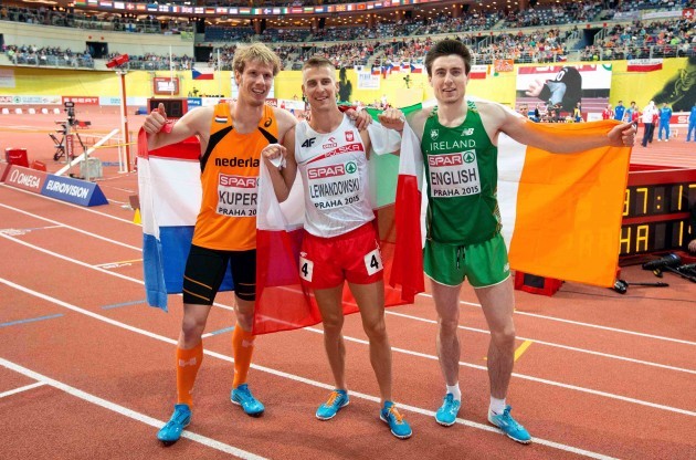 Mark English celebrates with Thijmen Kupers and Marcin Lewandowski