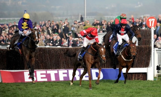 Lord Windermere ridden by Davy Russell (Far Left) beats On his Own ridden by David Casye to win