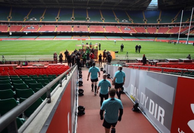 The Ireland players make their way out onto the Millennium Stadium pitch