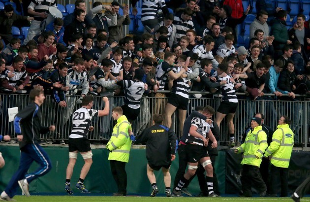 Roscrea players celebrate with fans after the game