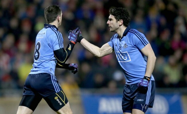 Denis Bastick celebrates scoring the first goal of the game with Bernard Brogan