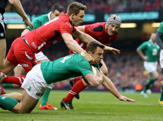 IrelandÕs  Tommy Bowe and Wales Liam Williams