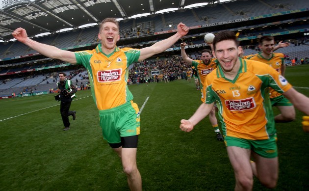 Kieran Fitzgerald and Martin Farragher celebrate at the end of the game