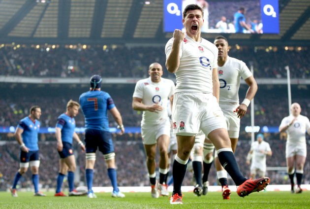 Ben Youngs celebrates scoring his side's first try