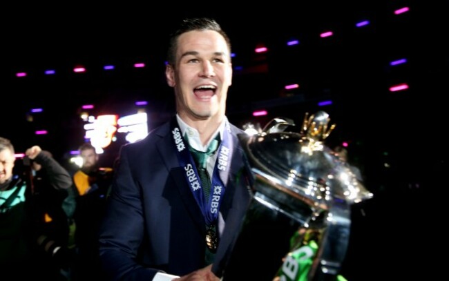 Jonathan Sexton celebrates with the trophy