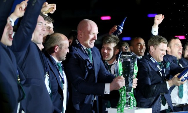 Paul O'Connell lifts the RBS 6 Nations Championship trophy as the Irish players celebrate