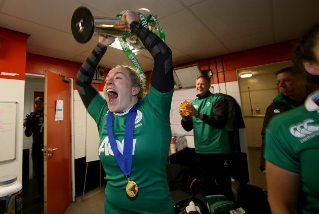 Niamh Briggs celebrates in the changing room with the cup