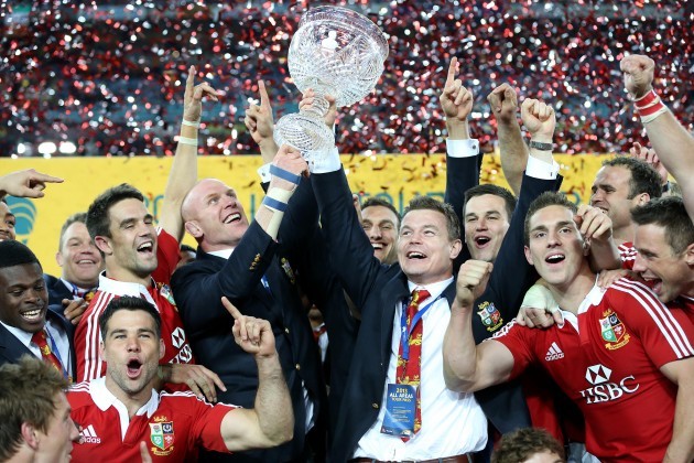 British and Irish Lions's  Paul O'Connell and Brian O'Driscoll  lift the Tom Richards Trophy