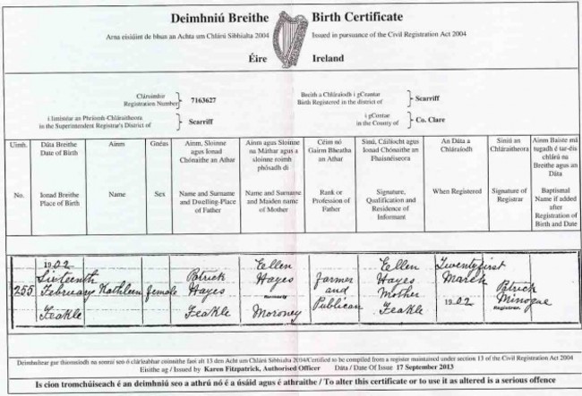 2+Birth+certificate+for+Kathleen+Hayes+b+February+16+1902+Source+General+Registrars+Office+of+Birth+Marriages+and+Deaths+via+The+110+Club (1)