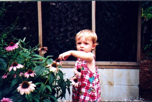 toddler with plant