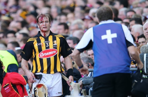 JJ Delaney leaves the pitch for a blood injury