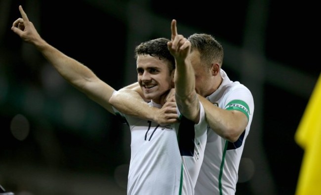 Robbie Brady celebrates scoring his sides second goal with David Meyler