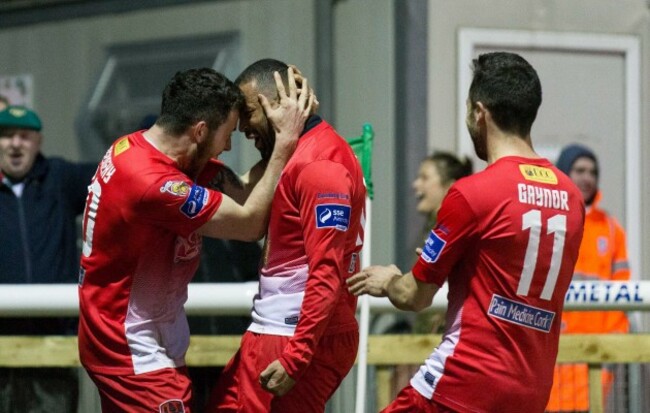Kieran Djilali celebrates scoring a goal with Billy Dennehy