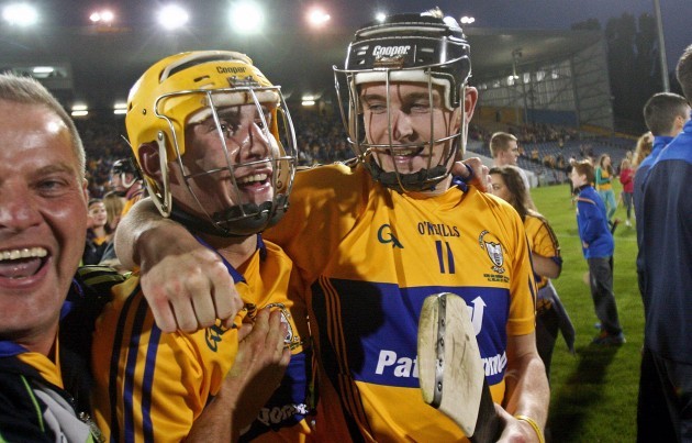 Tony Kelly and Colm Galvin celebrate at the end of the game