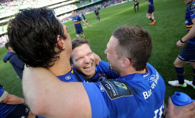 Mike McCarthy, Gordon D'Arcy and Jimmy Gopperth celebrate winning