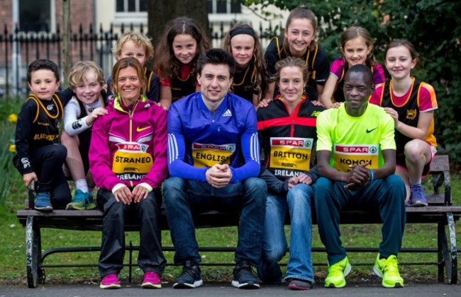 Valeria Straneo, Mark English, Fionnuala Britton, Leonard Komon with children from Blackrock AC