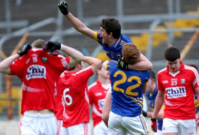 Colin O'Riordan and Stephen Quirke celebrate at the final whistle