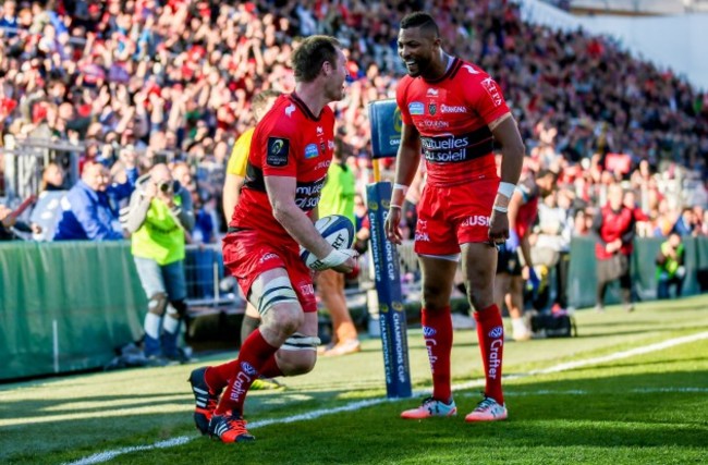 Ali Williams celebrates scoring a try with Delon Armitage