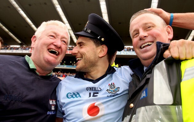 Bernard Brogan celebrates with Paul Caffrey and Dave Billings