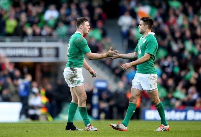 Robbie Henshaw celebrates with Conor Murray after his try was awarded following a TMO