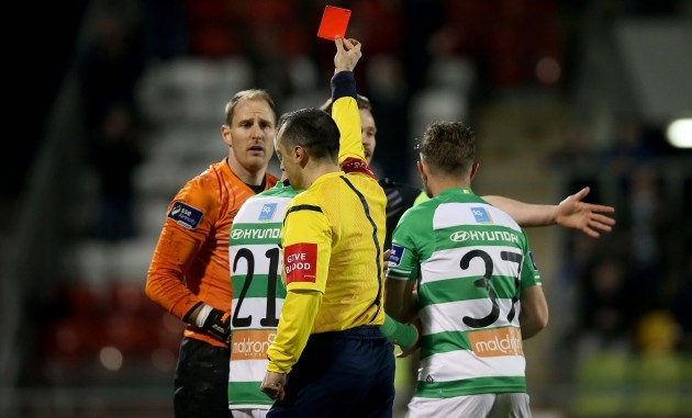 Gary Rogers is sent off by Neil Doyle