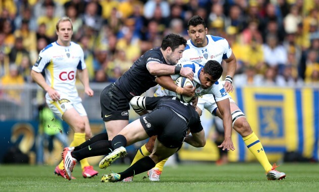 Wesley Fofana tackled by Brad Barritt and Marcelo Bosch