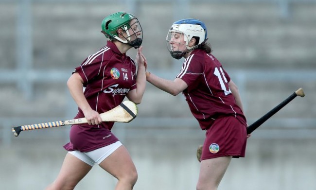 Molly Dunne celebrates scoring a goal with Ailish O'Reilly