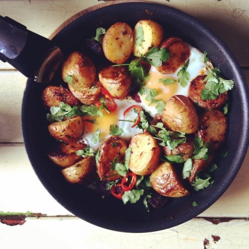 Brunch by @nialler9: leftover roast spuds fried up with chorizo, eggs, coriander and chilli served with Harissa yogurt OMG