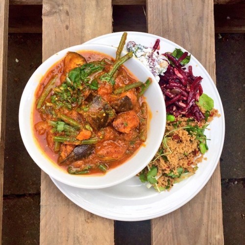 Today's tomato black mustard seed pumpkin & baked tofu stew with salad in the sunshine - wahoo