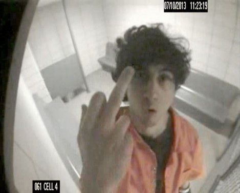 Prosecutors use photo of Boston bomber giving the finger to push