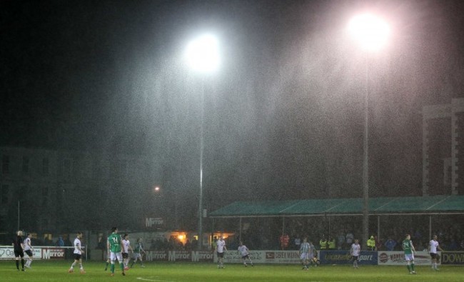 Geberal view of a downpour during the game