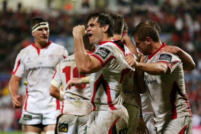 Craig Gilroy celebrates his try with Louis Ludik