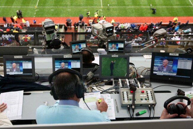General view of the press boxes at Croke Park with RTE on the screen