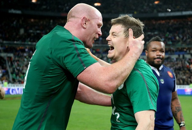 Paul O'Connell and Brian O'Driscoll celebrate after the game