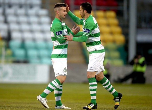 Mikey Drennan celebrates scoring the first goal of the game with Keith Fahey