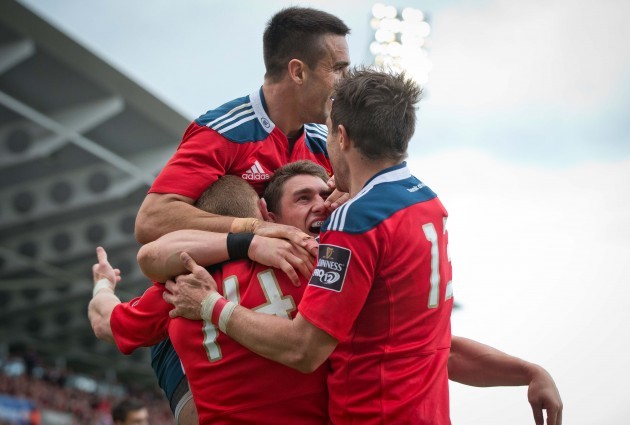 Keith Earls is congratulated by Andrew Smith, Conor Murray and Ian Keatley
