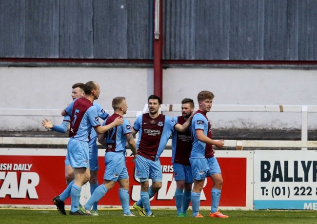 Llyod Buckley celebrates scoring the first goal