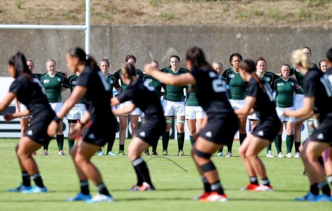 The Ireland players line up as the New Zealand players perform the Haka before