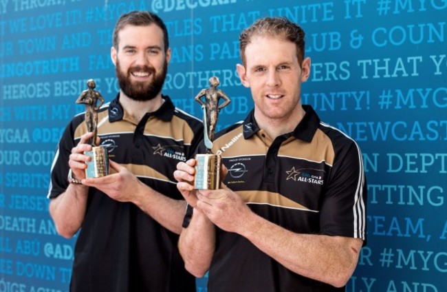 Senan Kilbride and Kevin Moran  with their GAA/GPA Opel Player of the Month Award