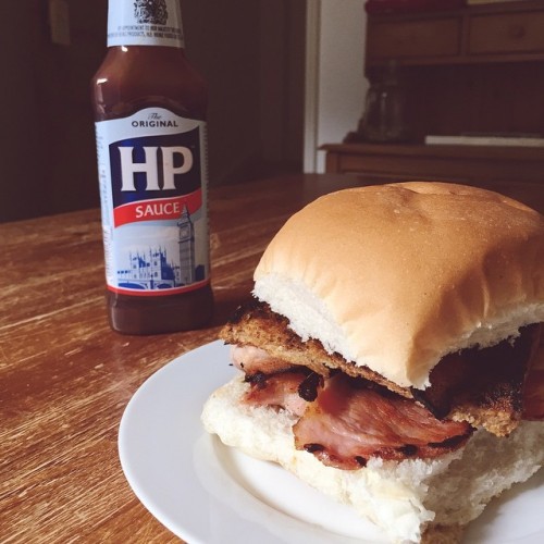 Bacon & fried slice bap with HP brown sauce. Breakfast done right. #bacon #hpsauce