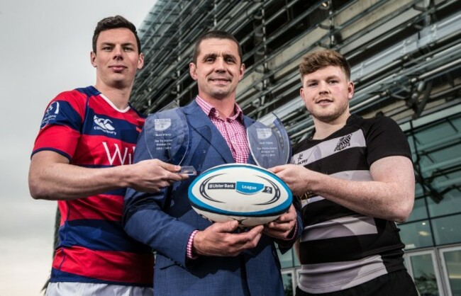 Matt D&Otilde;Arcy (Clontarf), Ulster Bank Top Try Scorer and overall player of the year winner, Alan Quinlan and Josh Glynn (Old Belvedere), Ulster Bank Top Points Scorer winner