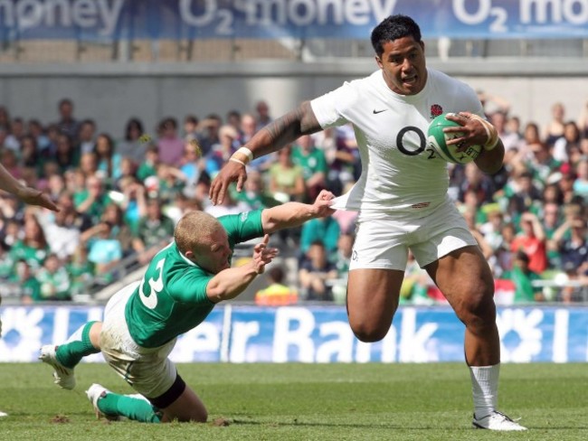 Keith Earls can't hold Manu Tuilagi as he runs in to score a try