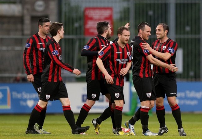 Pat Flynn celebrates scoring their first goal of the game with Stephen Rice