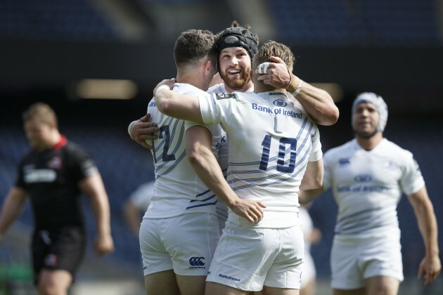 Noel Reid celebrates his try with Sean O'Brien and Ian Madigan