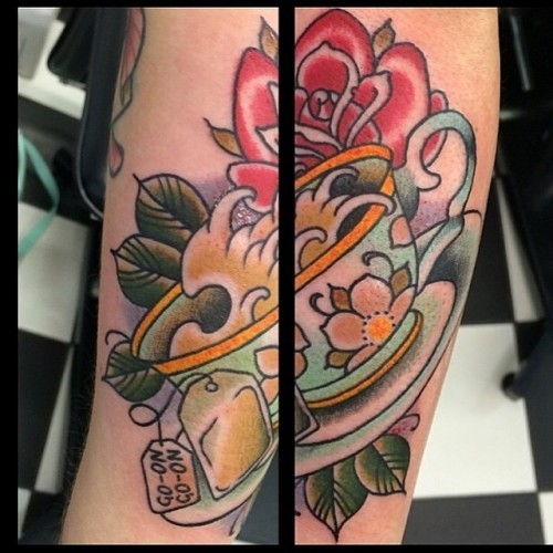 Tea cup and saucer on @littleamyy Notice the little Father Ted reference. Stitched photo as the tattoo wraps around. #teacup #rose #teabag #tea #traditional #tattoo #tattoos #london
