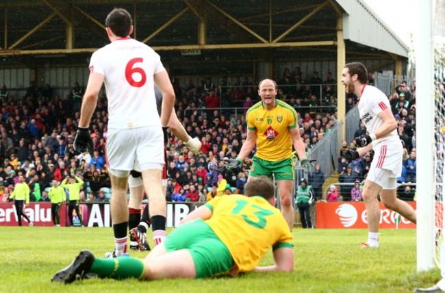 Colm McFadden looks at teammate Patrick McBrearty