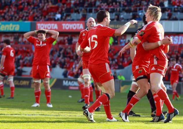 Danny Barnes celebrates his try with Felix Jones and Conor Murray